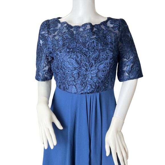 TS Conture Dress S Navy Blue Tea Length Embroidered Lace Bodice Chiffon Skirt - Picture 2 of 14